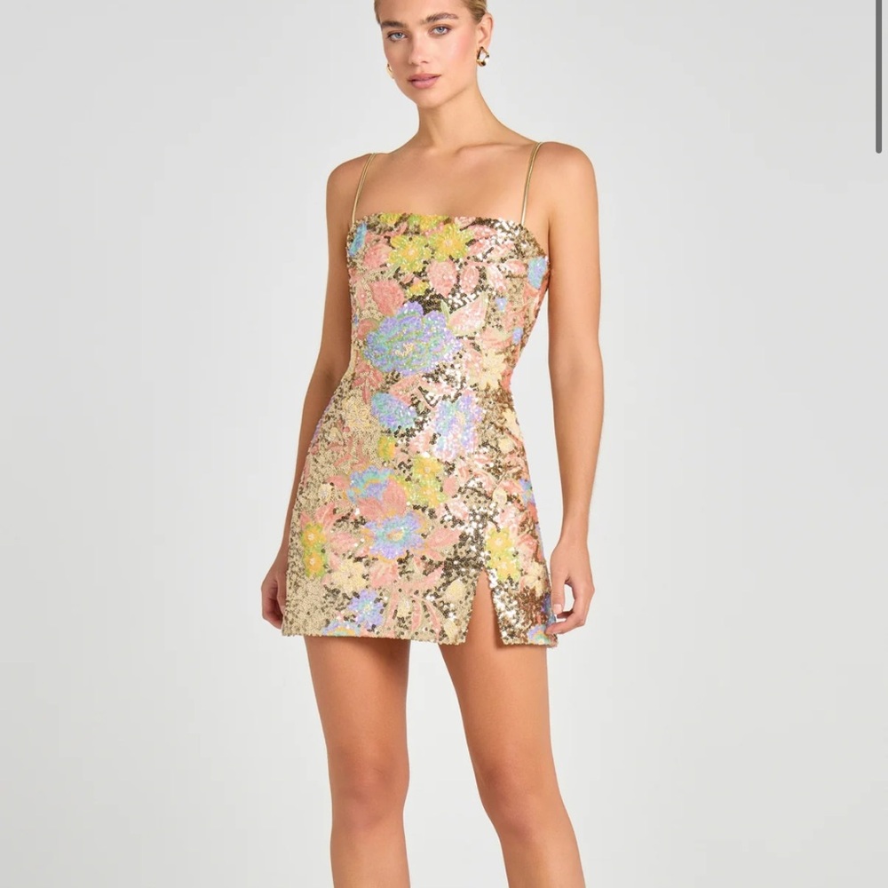 NADINE MERABI Gold Floral Sequin Mini Dress